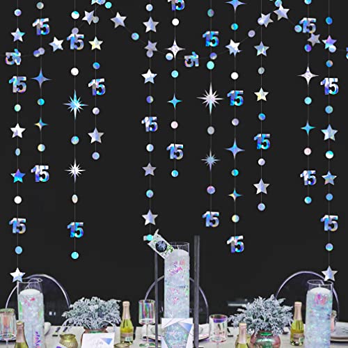 Iridescent 15th Birthday Decorations Number 15 Circle Dot Twinkle Star Garland Metallic Hanging Streamer Banner Backdrop for Girls Boys Fifteen Year Old Birthday 15th Anniversary Party Decor Supplies