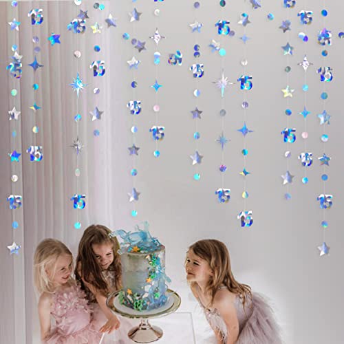 Iridescent 15th Birthday Decorations Number 15 Circle Dot Twinkle Star Garland Metallic Hanging Streamer Banner Backdrop for Girls Boys Fifteen Year Old Birthday 15th Anniversary Party Decor Supplies