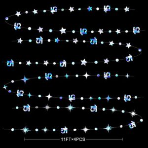 Iridescent 15th Birthday Decorations Number 15 Circle Dot Twinkle Star Garland Metallic Hanging Streamer Banner Backdrop for Girls Boys Fifteen Year Old Birthday 15th Anniversary Party Decor Supplies