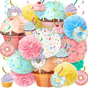 36 pcs donut cupcake party hanging paper lanterns donut cupcake hanging swirls paper flowers pom poms sprinkle party decorations for kids girls birthday party baby shower sweet candy party supplies