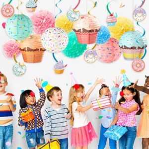 36 Pcs Donut Cupcake Party Hanging Paper Lanterns Donut Cupcake Hanging Swirls Paper Flowers Pom Poms Sprinkle Party Decorations for Kids Girls Birthday Party Baby Shower Sweet Candy Party Supplies