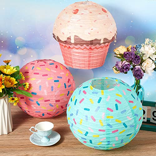 36 Pcs Donut Cupcake Party Hanging Paper Lanterns Donut Cupcake Hanging Swirls Paper Flowers Pom Poms Sprinkle Party Decorations for Kids Girls Birthday Party Baby Shower Sweet Candy Party Supplies