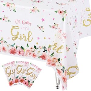 3 pack oh baby it’s a girl plastic tablecloths for rectangle tables, disposable party table cloths, pink floral and gold table covers for girl baby shower gender reveal decorations, 54″ x 108″