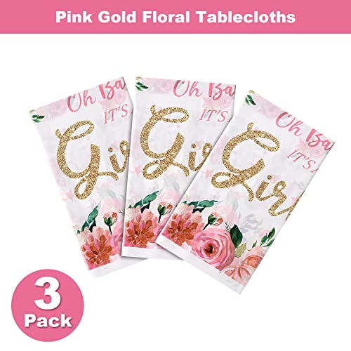 3 Pack oh Baby It's a Girl Plastic Tablecloths for Rectangle Tables, Disposable Party Table Cloths, Pink Floral and Gold Table Covers for Girl Baby Shower Gender Reveal Decorations, 54" x 108"