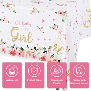 3 Pack oh Baby It's a Girl Plastic Tablecloths for Rectangle Tables, Disposable Party Table Cloths, Pink Floral and Gold Table Covers for Girl Baby Shower Gender Reveal Decorations, 54" x 108"