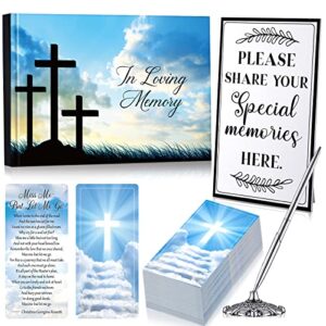 funeral guest book for memorial service celebration of life guest book 100 pieces double sided prayer funeral cards silver signature pen with stand and memory table sign funeral favors (crosses style)