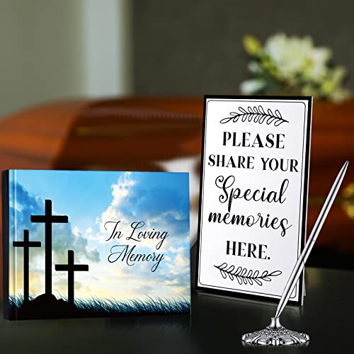 Funeral Guest Book for Memorial Service Celebration of Life Guest Book 100 Pieces Double Sided Prayer Funeral Cards Silver Signature Pen with Stand and Memory Table Sign Funeral Favors (Crosses Style)