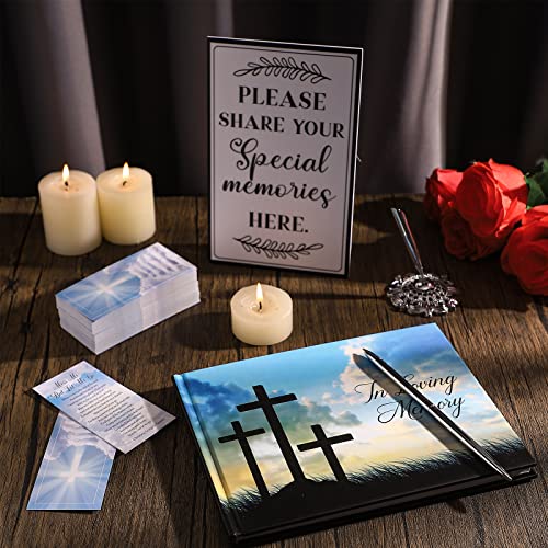 Funeral Guest Book for Memorial Service Celebration of Life Guest Book 100 Pieces Double Sided Prayer Funeral Cards Silver Signature Pen with Stand and Memory Table Sign Funeral Favors (Crosses Style)