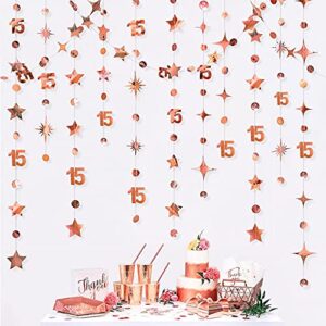 rose gold 15th birthday decorations number 15 circle dot twinkle star garland metallic hanging streamer bunting banner backdrop for girls boys fifteen year old birthday 15th anniversary party supplies