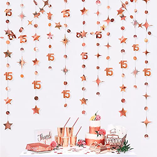 Rose Gold 15th Birthday Decorations Number 15 Circle Dot Twinkle Star Garland Metallic Hanging Streamer Bunting Banner Backdrop for Girls Boys Fifteen Year Old Birthday 15th Anniversary Party Supplies