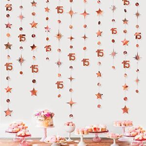 Rose Gold 15th Birthday Decorations Number 15 Circle Dot Twinkle Star Garland Metallic Hanging Streamer Bunting Banner Backdrop for Girls Boys Fifteen Year Old Birthday 15th Anniversary Party Supplies