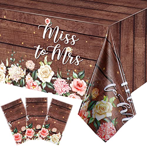 3 Pcs Miss to Mrs Tablecloths for Bridal Shower, Rustic Floral Wood Grain Table Covers Disposable Plastic Rectangular Table Cloth for Bride Wedding Engagement Party, 108 x 54 Inches (Dark Brown)