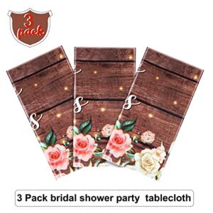 3 Pcs Miss to Mrs Tablecloths for Bridal Shower, Rustic Floral Wood Grain Table Covers Disposable Plastic Rectangular Table Cloth for Bride Wedding Engagement Party, 108 x 54 Inches (Dark Brown)