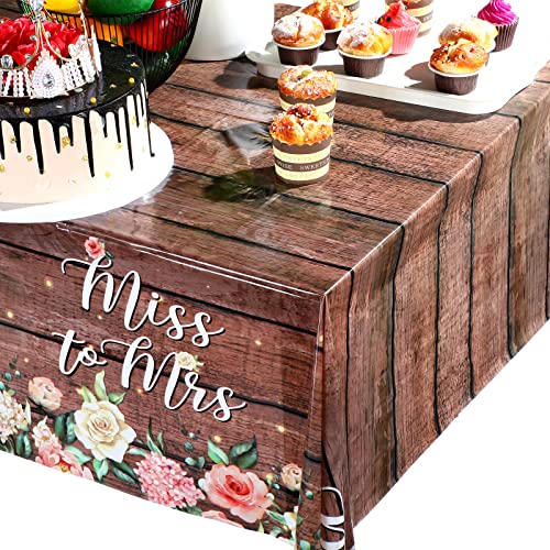 3 Pcs Miss to Mrs Tablecloths for Bridal Shower, Rustic Floral Wood Grain Table Covers Disposable Plastic Rectangular Table Cloth for Bride Wedding Engagement Party, 108 x 54 Inches (Dark Brown)