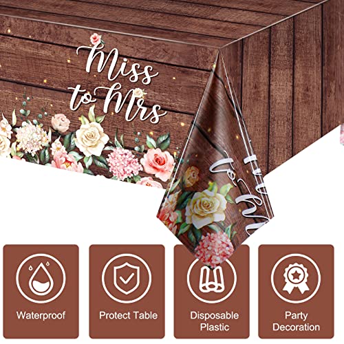 3 Pcs Miss to Mrs Tablecloths for Bridal Shower, Rustic Floral Wood Grain Table Covers Disposable Plastic Rectangular Table Cloth for Bride Wedding Engagement Party, 108 x 54 Inches (Dark Brown)