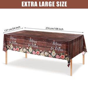 3 Pcs Miss to Mrs Tablecloths for Bridal Shower, Rustic Floral Wood Grain Table Covers Disposable Plastic Rectangular Table Cloth for Bride Wedding Engagement Party, 108 x 54 Inches (Dark Brown)