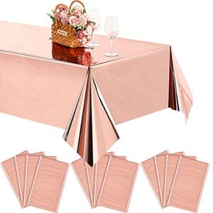 12 pack rose gold foil tablecloth party rectangular metallic table covers 54 x 108 inch shiny plastic table cloths waterproof holographic for christmas birthday wedding anniversary party supplies
