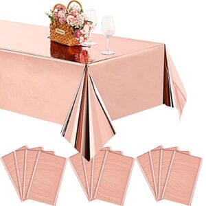 12 Pack Rose Gold Foil Tablecloth Party Rectangular Metallic Table Covers 54 x 108 Inch Shiny Plastic Table Cloths Waterproof Holographic for Christmas Birthday Wedding Anniversary Party Supplies