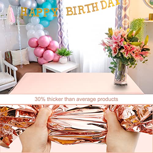 12 Pack Rose Gold Foil Tablecloth Party Rectangular Metallic Table Covers 54 x 108 Inch Shiny Plastic Table Cloths Waterproof Holographic for Christmas Birthday Wedding Anniversary Party Supplies