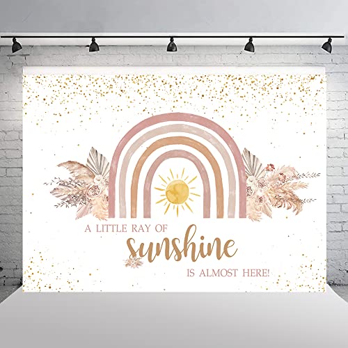 Ticuenicoa 7×5ft Boho Rainbow Baby Shower Backdrop A Little Ray of Sunshine is Almost Here Baby Shower Party Banner Wall Decorations Boho Pampas Glitter Dots Girls Baby Shower Background