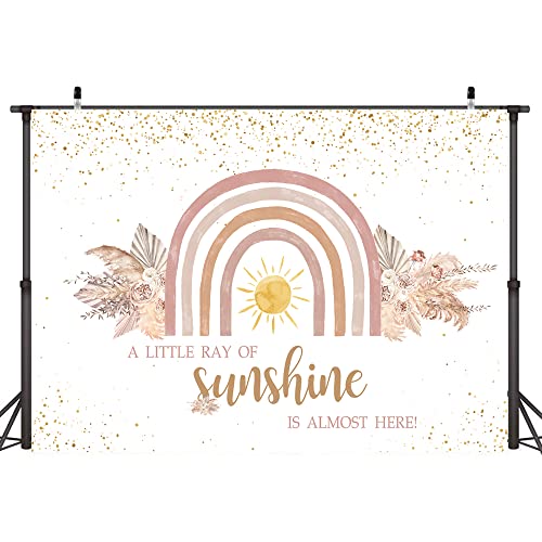 Ticuenicoa 7×5ft Boho Rainbow Baby Shower Backdrop A Little Ray of Sunshine is Almost Here Baby Shower Party Banner Wall Decorations Boho Pampas Glitter Dots Girls Baby Shower Background