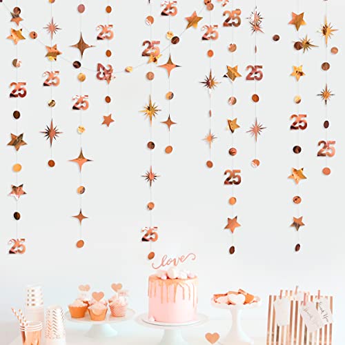 Rose Gold 25th Birthday Decorations Number 25 Circle Dot Twinkle Star Garland Metallic Hanging Streamer Bunting Banner Backdrop for Girls Twenty Five Year Old Birthday 25th Anniversary Party Supplies
