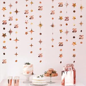 Rose Gold 25th Birthday Decorations Number 25 Circle Dot Twinkle Star Garland Metallic Hanging Streamer Bunting Banner Backdrop for Girls Twenty Five Year Old Birthday 25th Anniversary Party Supplies