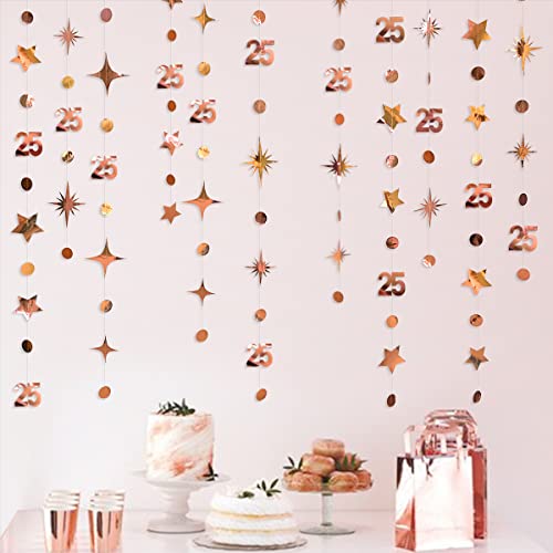 Rose Gold 25th Birthday Decorations Number 25 Circle Dot Twinkle Star Garland Metallic Hanging Streamer Bunting Banner Backdrop for Girls Twenty Five Year Old Birthday 25th Anniversary Party Supplies