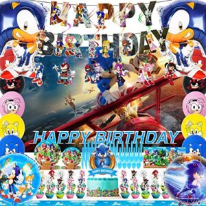 sonic birthday party supplies, birthday party decorations including banners, foil balloons, latex balloons, cake toppers, plates, tableware, backdrop and tablecloth