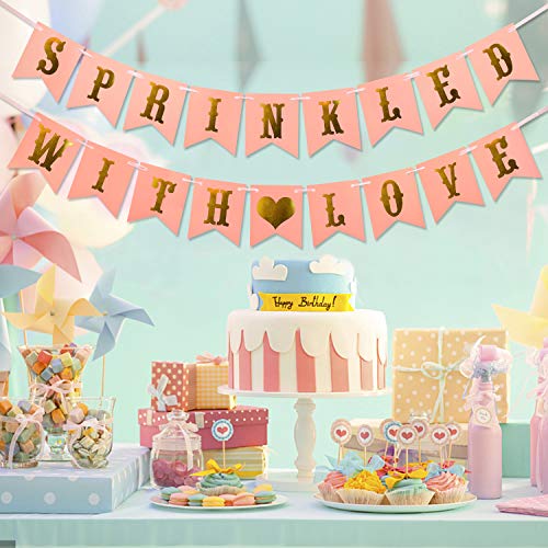 Sprinkled With Love Banner - Glitter Pink Baby Sprinkle Decorations - Girl Baby Shower Decorations Gender Reveal Party Supplies