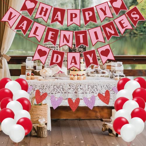 MZ.ogm 40 Pcs Happy Valentines Day Banner for Valentines Day Party Decorations with Valentines Day Balloons and Felt Heart Garland Banner Valentines Day Decorations for The Home