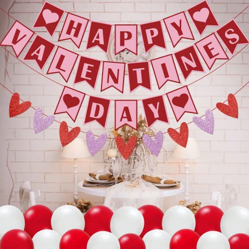 MZ.ogm 40 Pcs Happy Valentines Day Banner for Valentines Day Party Decorations with Valentines Day Balloons and Felt Heart Garland Banner Valentines Day Decorations for The Home