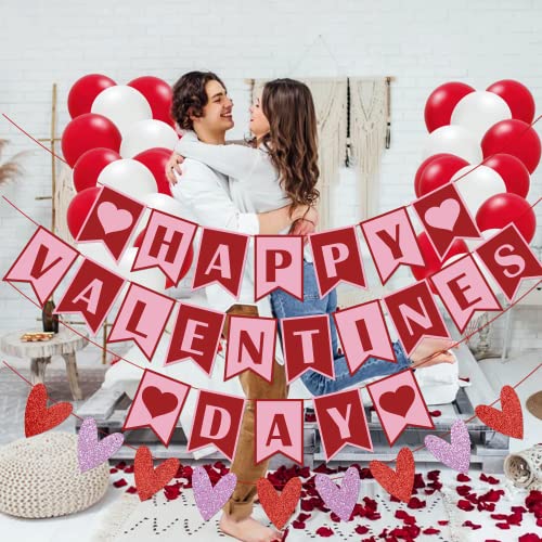 MZ.ogm 40 Pcs Happy Valentines Day Banner for Valentines Day Party Decorations with Valentines Day Balloons and Felt Heart Garland Banner Valentines Day Decorations for The Home