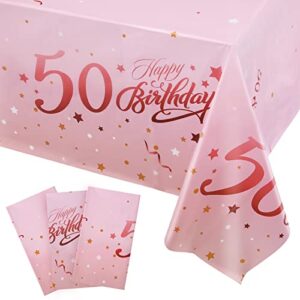 happy 50th birthday tablecloth, 3 pack 50 and fabulous rose gold plastic table cover for rectangle tables women fifty birthday party decorations 54×108