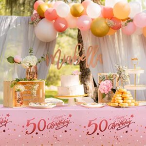 Happy 50th Birthday Tablecloth, 3 Pack 50 and Fabulous Rose Gold Plastic Table Cover for Rectangle Tables Women Fifty Birthday Party Decorations 54x108