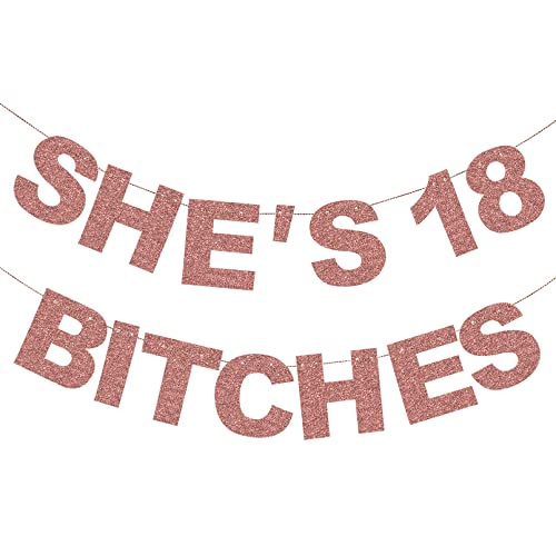 Pre-Strung She's 18 Bitches Banner Funny Girl 18th Birthday Decorations for Her Girls Rose Gold Glitter Happy 18th Birthday Supplies Banner Theme Party Sign