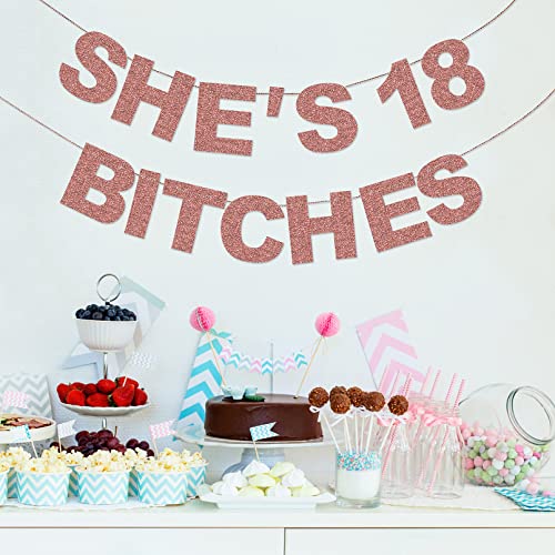 Pre-Strung She's 18 Bitches Banner Funny Girl 18th Birthday Decorations for Her Girls Rose Gold Glitter Happy 18th Birthday Supplies Banner Theme Party Sign