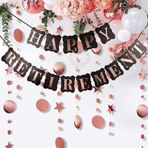 rose gold happy retirement banner | glitter rose gold circle dot garland twinkle star paper hanging bunting banner backdrop for retirement decorations | luxurious retirement party supplies for women