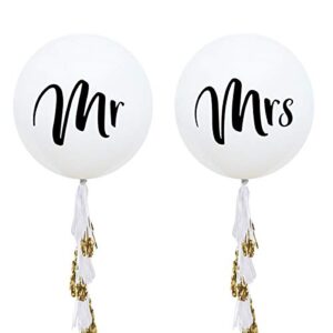 nicrolandee 36 inch giant wedding balloons mr. & mrs. white balloons with two paper tassel garlands for outdoor or indoor engagement party decorations bachelorette party decorations
