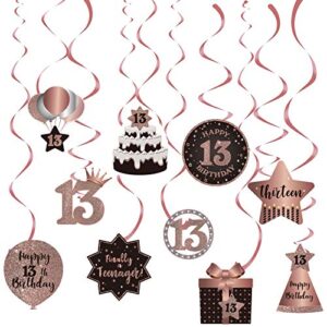 Happy 13th Birthday Party Hanging Swirls Streams Ceiling Decorations, Celebration 13 Foil Hanging Swirls with Cutouts for 13 Years Old Pink and Gold Birthday Party Decorations Supplies