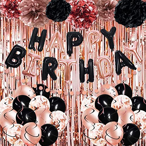 78 Pack Black Rose Gold Birthday Party Decoration Kit, Black Rose Gold Confetti Balloons, Curtains, Paper Flowers, Hanging Swirl and Circle Dot Garland for Girl Women Birthday Party Supplies