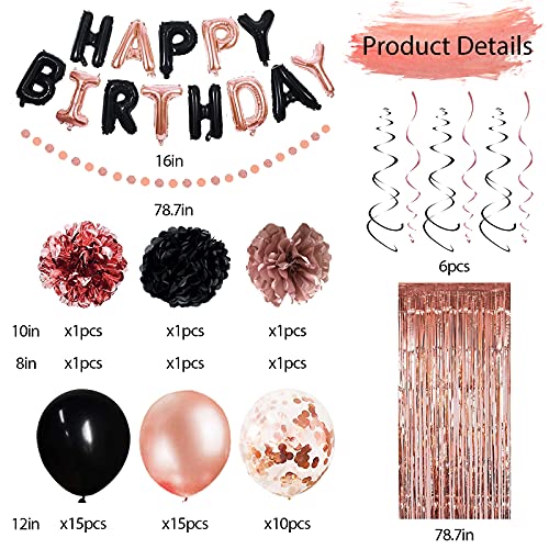 78 Pack Black Rose Gold Birthday Party Decoration Kit, Black Rose Gold Confetti Balloons, Curtains, Paper Flowers, Hanging Swirl and Circle Dot Garland for Girl Women Birthday Party Supplies