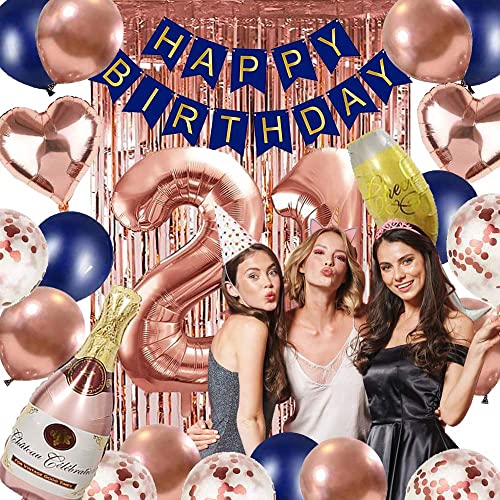 21, 21st Birthday Decorations for Her | Navy Blue Rose Gold Happy 21st Birthday Party Decorations for Her | 21 Number Balloons for 21 Birthday Decor