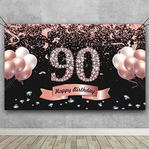 trgowaul 90th birthday decorations for women – rose gold 90th birthday backdrop banner for her, happy birthday party suppiles photography supplies background