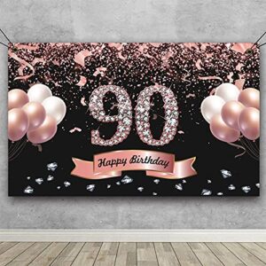 Trgowaul 90th Birthday Decorations for Women - Rose Gold 90th Birthday Backdrop Banner for her, Happy Birthday Party Suppiles Photography Supplies Background