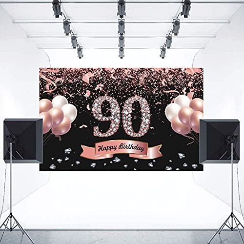 Trgowaul 90th Birthday Decorations for Women - Rose Gold 90th Birthday Backdrop Banner for her, Happy Birthday Party Suppiles Photography Supplies Background