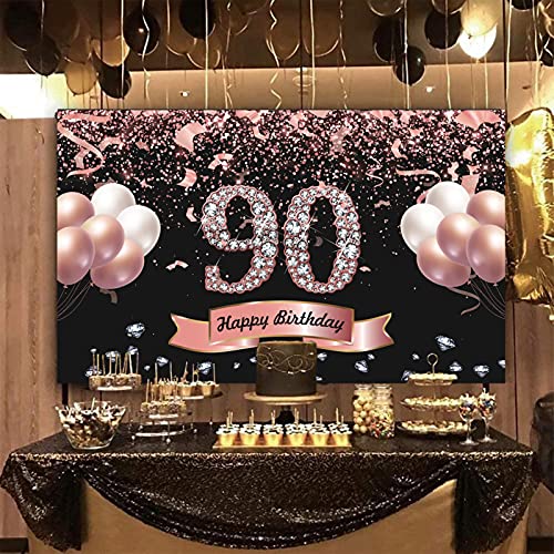 Trgowaul 90th Birthday Decorations for Women - Rose Gold 90th Birthday Backdrop Banner for her, Happy Birthday Party Suppiles Photography Supplies Background