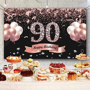 Trgowaul 90th Birthday Decorations for Women - Rose Gold 90th Birthday Backdrop Banner for her, Happy Birthday Party Suppiles Photography Supplies Background