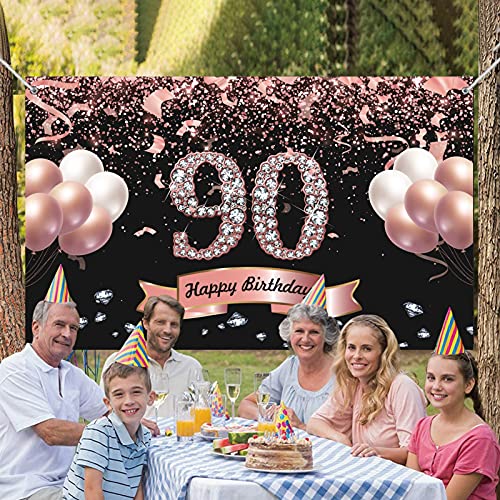 Trgowaul 90th Birthday Decorations for Women - Rose Gold 90th Birthday Backdrop Banner for her, Happy Birthday Party Suppiles Photography Supplies Background