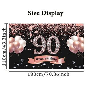 Trgowaul 90th Birthday Decorations for Women - Rose Gold 90th Birthday Backdrop Banner for her, Happy Birthday Party Suppiles Photography Supplies Background